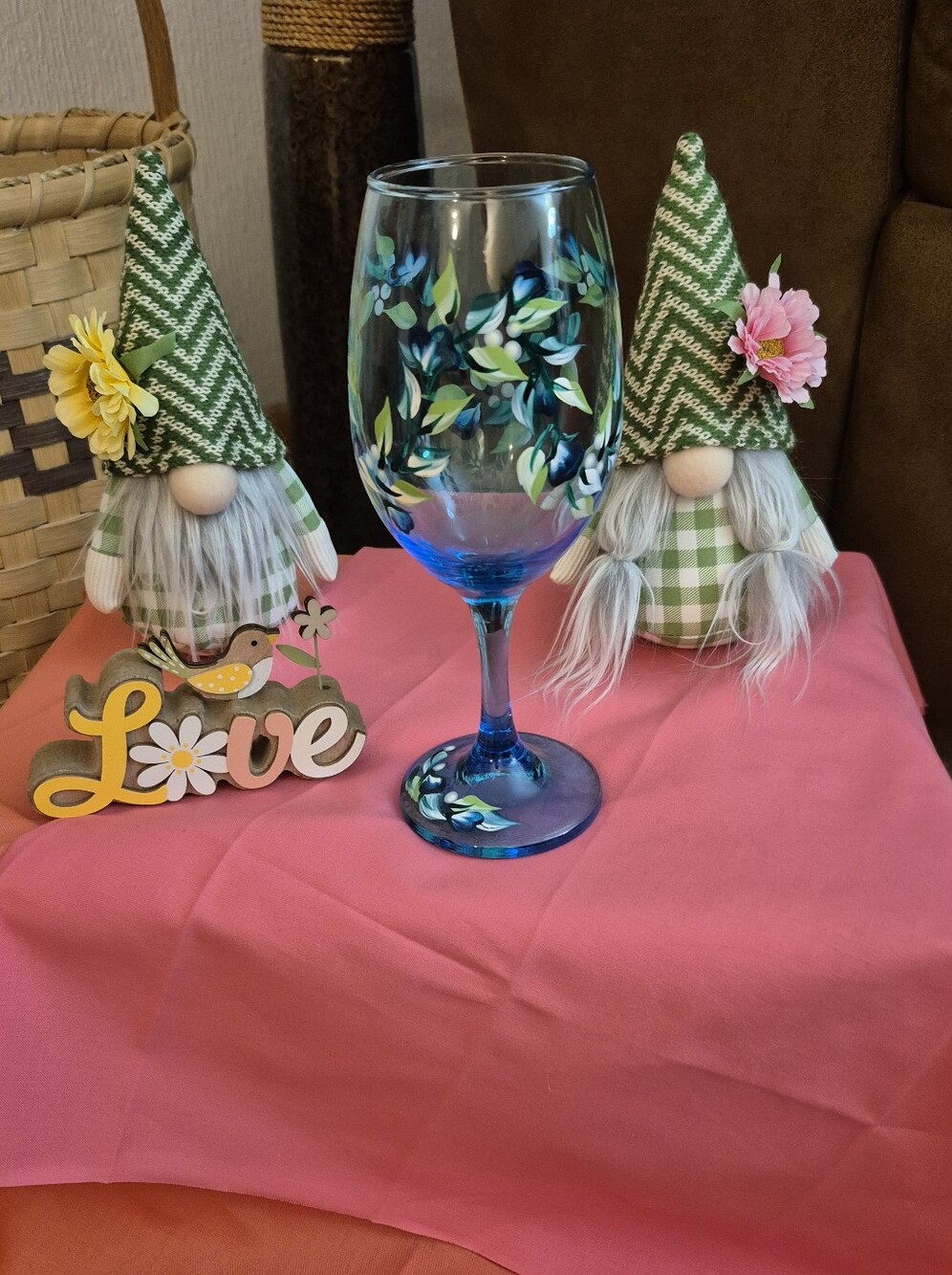 Hand-Painted Blue Wine Glass with Leaf Motif. BRAND NEW W/O TAGS!!